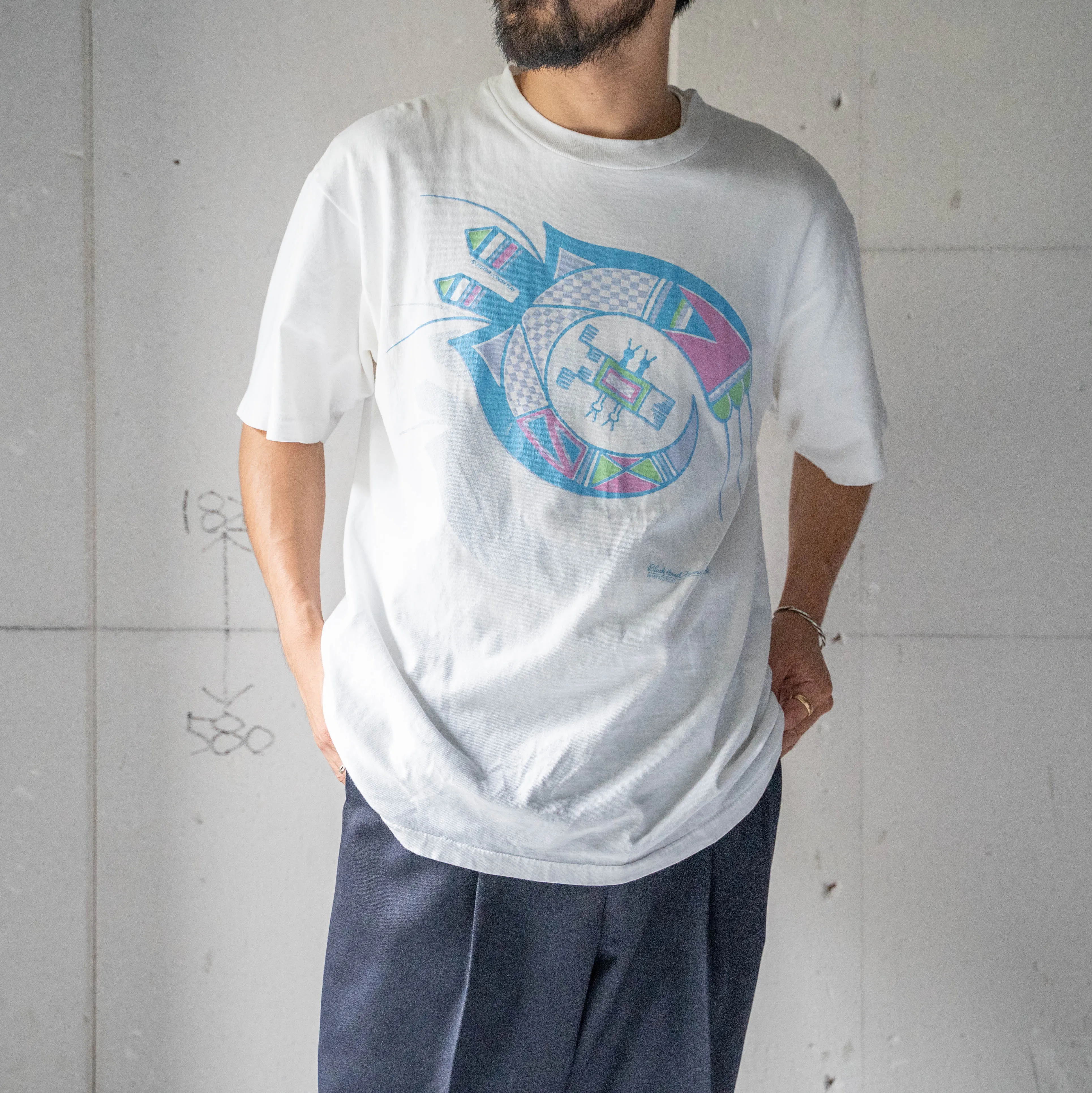 1980s white color graffic print T-shirt 'made in USA' -single stitch-