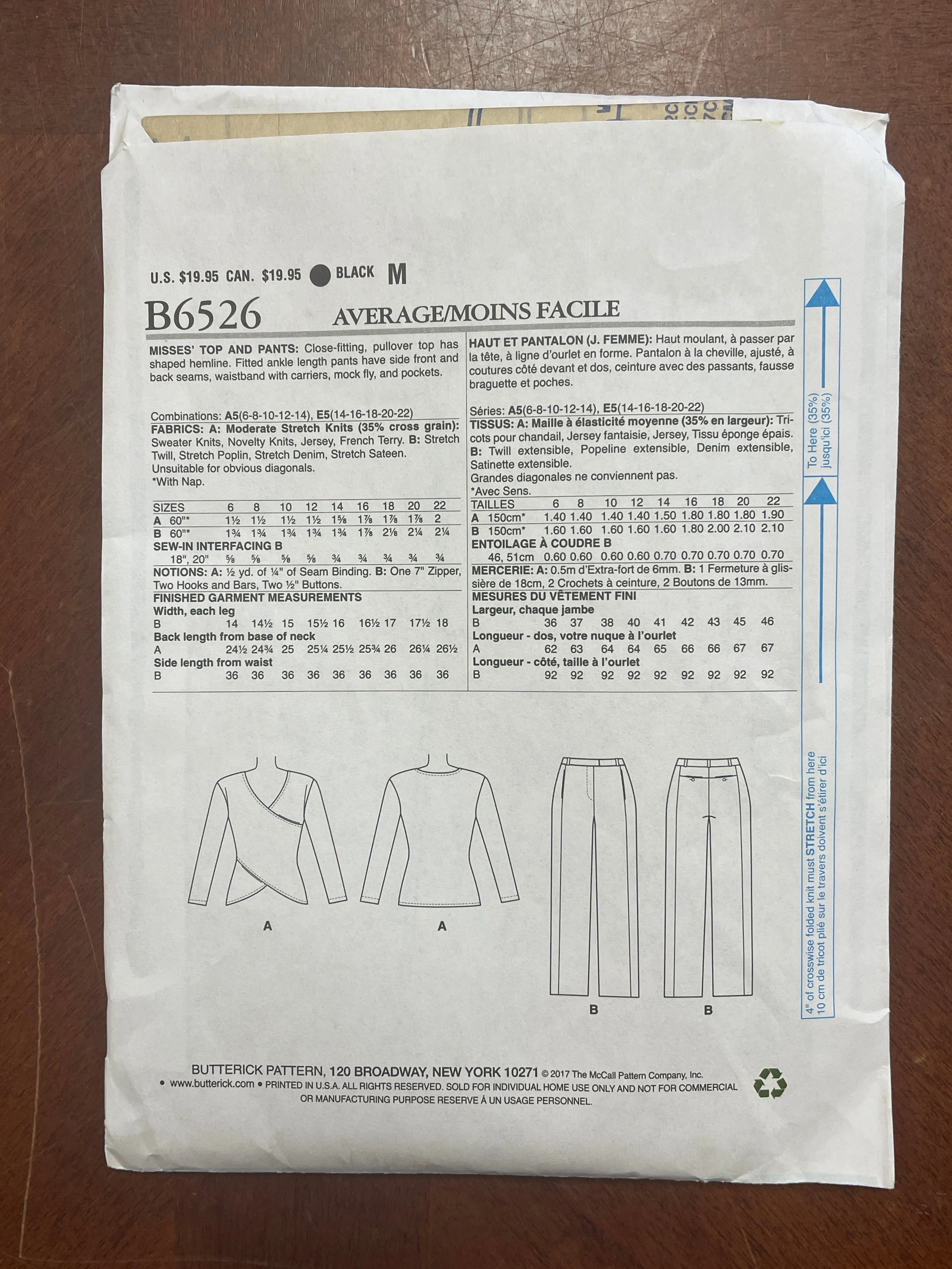 2017 Butterick 6526 Sewing Pattern - Shirt and Pants FACTORY FOLDED