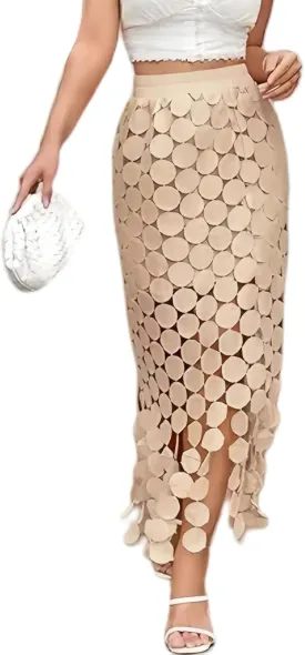 2025 Women's Summer Hollow Out Boho Maxi Skirt Casual High Waisted Fringe Hem Long Skirt,Embroidered Lace Polka Dots