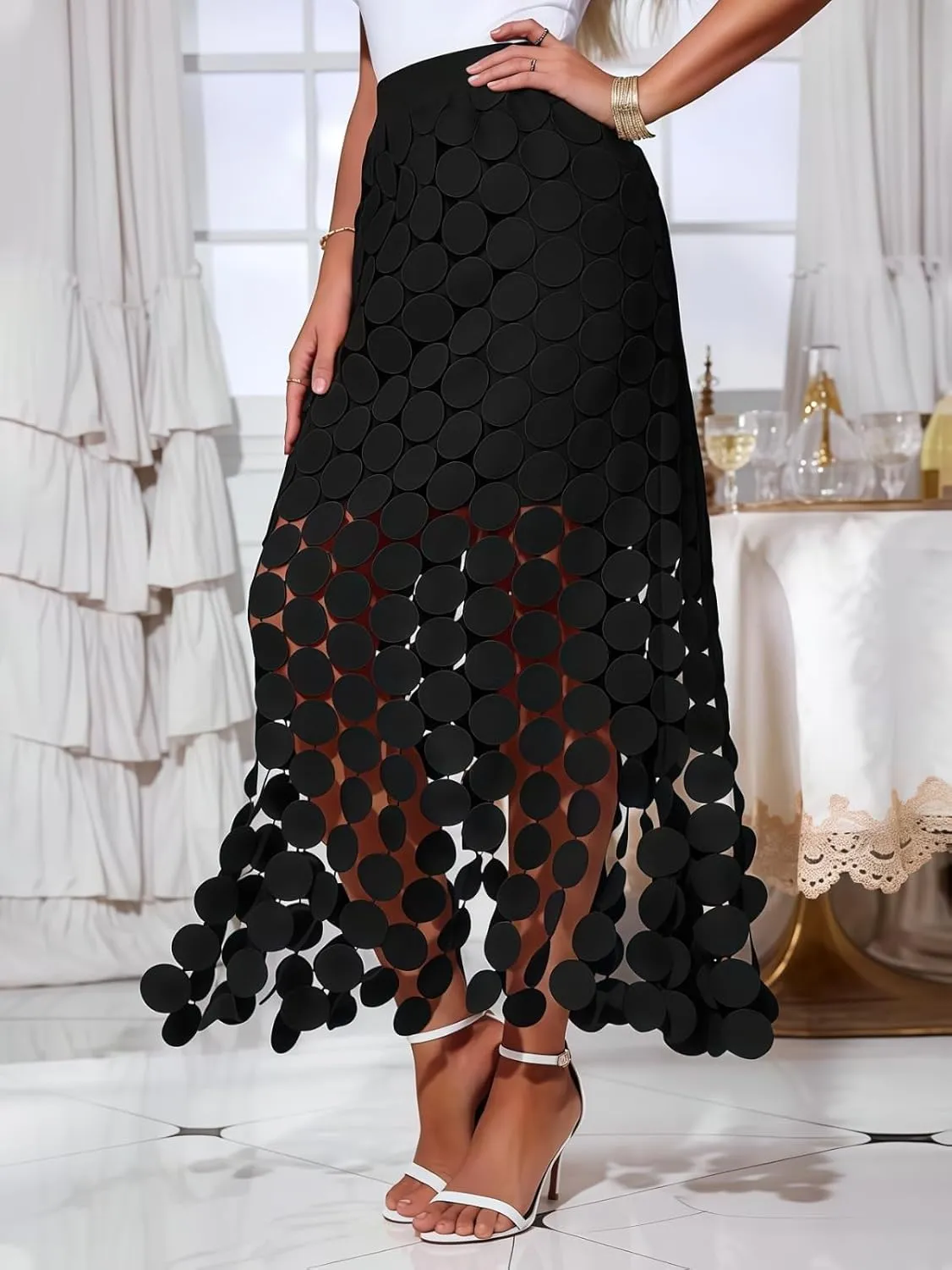 2025 Women's Summer Hollow Out Boho Maxi Skirt Casual High Waisted Fringe Hem Long Skirt,Embroidered Lace Polka Dots