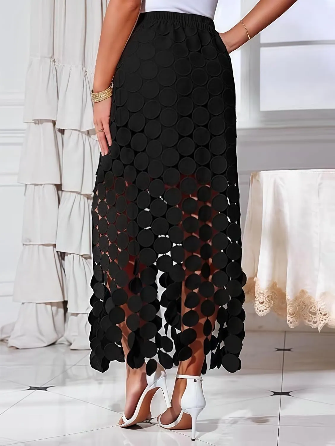 2025 Women's Summer Hollow Out Boho Maxi Skirt Casual High Waisted Fringe Hem Long Skirt,Embroidered Lace Polka Dots