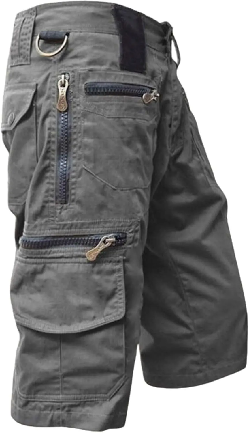 3/4 Outdoor Hiking Long Shorts for Men Zipper Pocket Casual Cargo Capris Pants Below Knee Casual Tactical Work Shorts