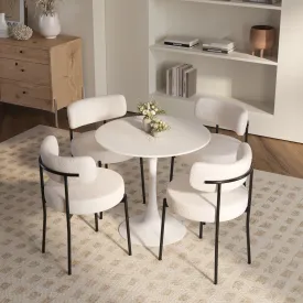 5 Pieces 31.5-Inch round dining table set for 4 and 4 pieces Upholstered Chairs for Four Person, MDF Table-top, Off White Faux Fur with White table Leg for Kitchen, Reception Room