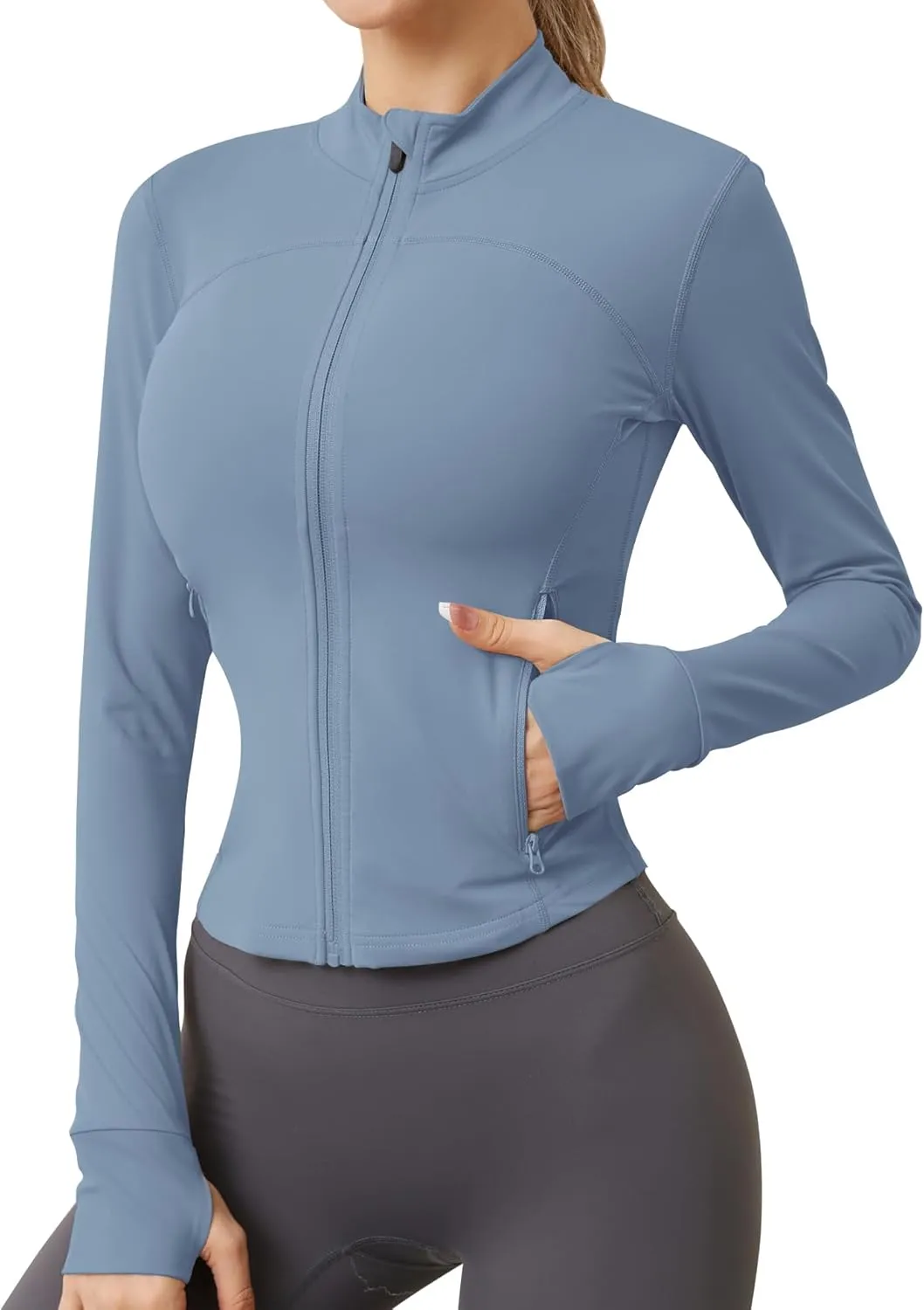 AKEWEI Womens Zip Up Workout Jackets Lightweight Athletic Slim Fit Track Jacket with Inner and Outer Pockets and Thumb Holes
