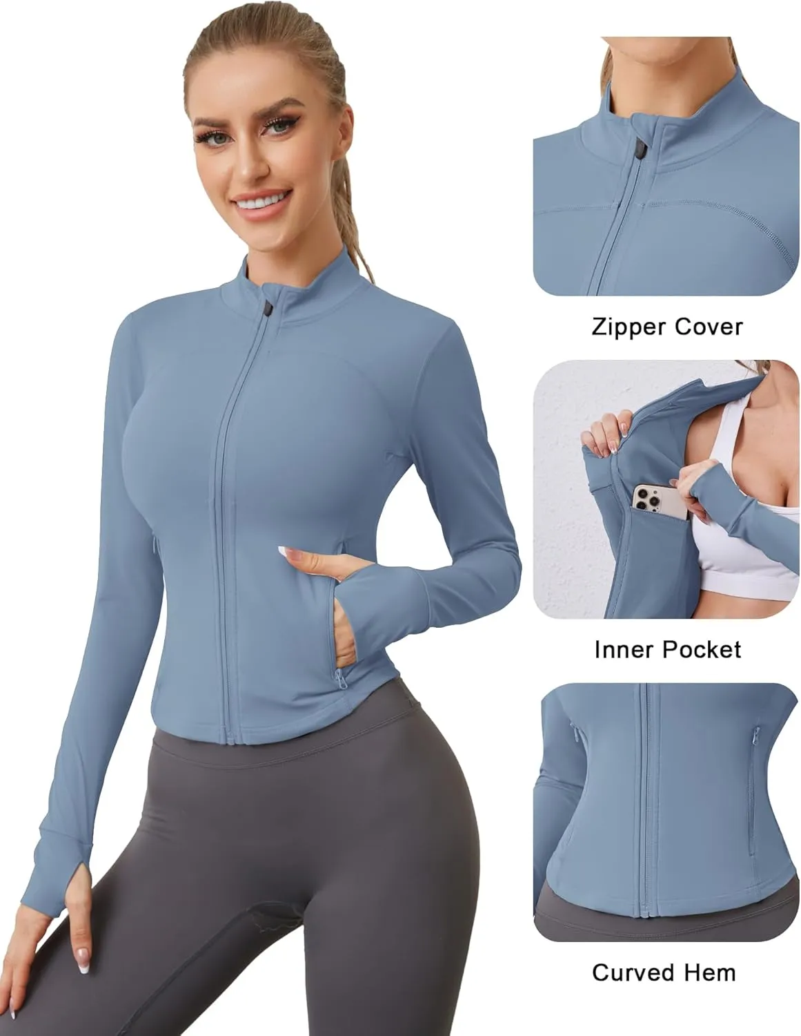 AKEWEI Womens Zip Up Workout Jackets Lightweight Athletic Slim Fit Track Jacket with Inner and Outer Pockets and Thumb Holes