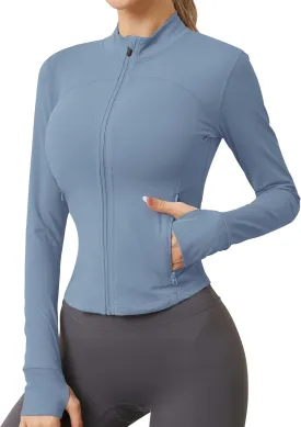 AKEWEI Womens Zip Up Workout Jackets Lightweight Athletic Slim Fit Track Jacket with Inner and Outer Pockets and Thumb Holes