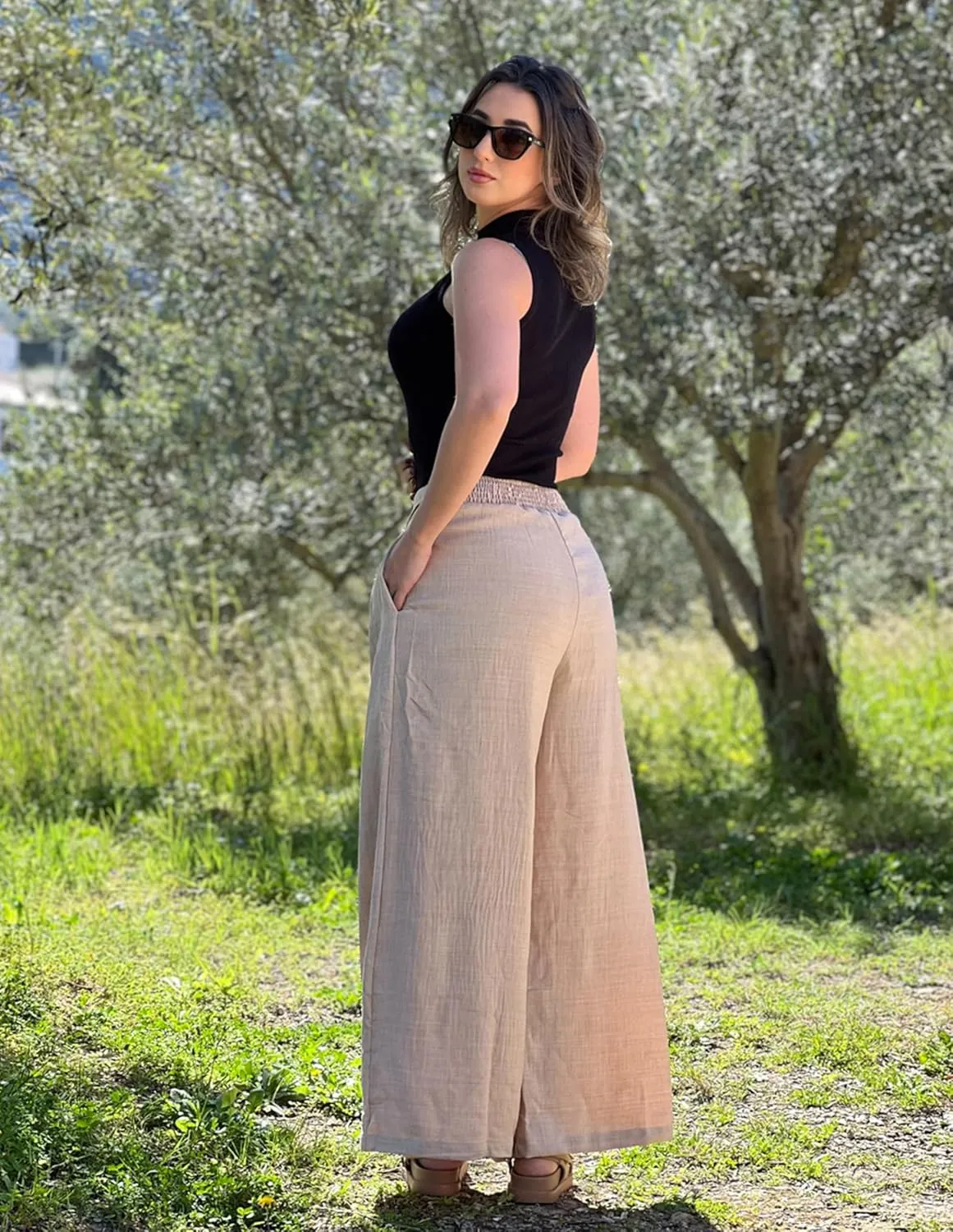 Belle Poque Women's High-Waisted Wide Leg Palazzo Pants - Elastic Waist, Flowy Boho Casual Summer Trousers with Pockets