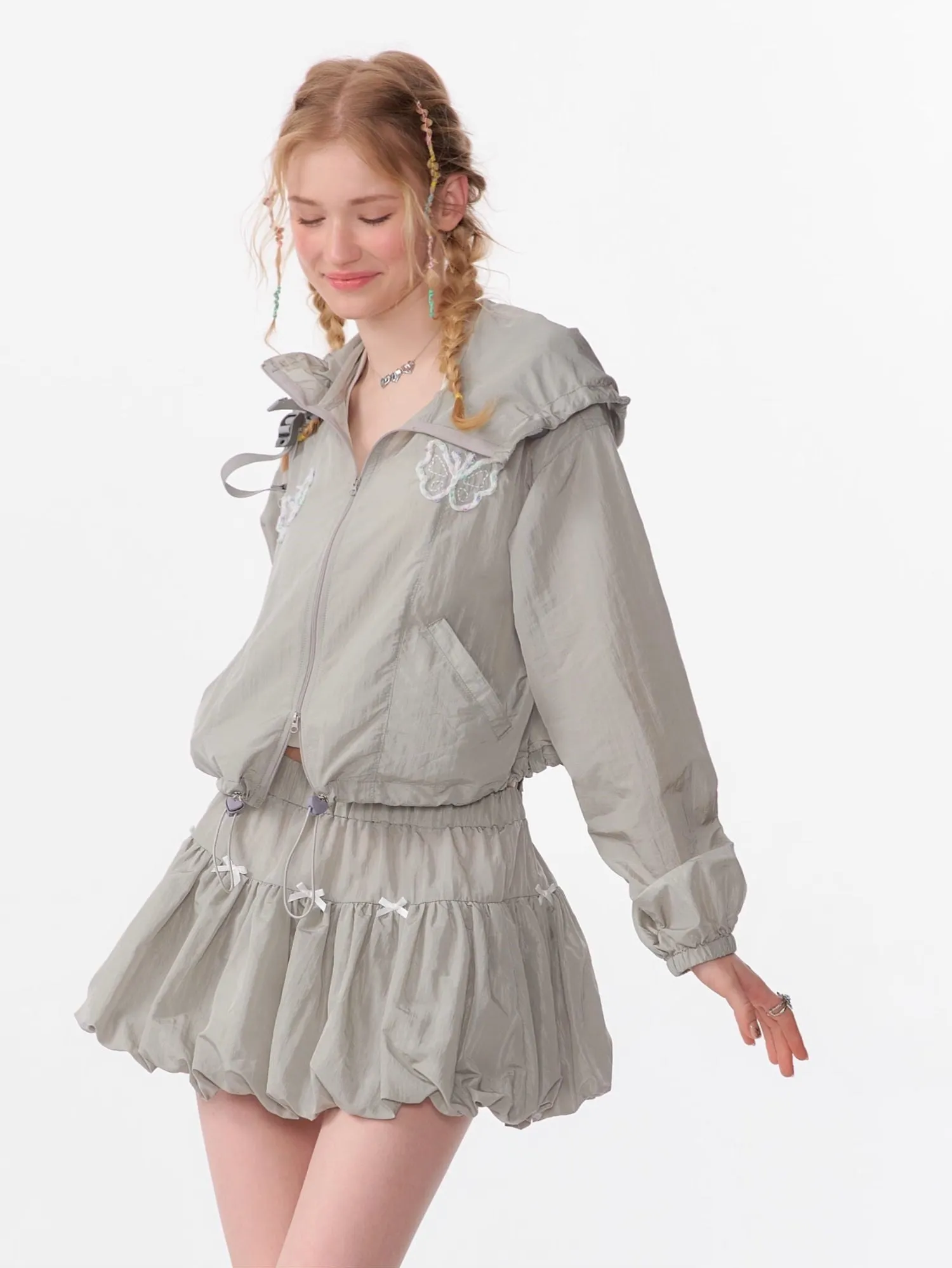 Butterfly Embroidery Long-sleeved Thin Hooded Short Jacket/Skirt/Pants ZIZ0084