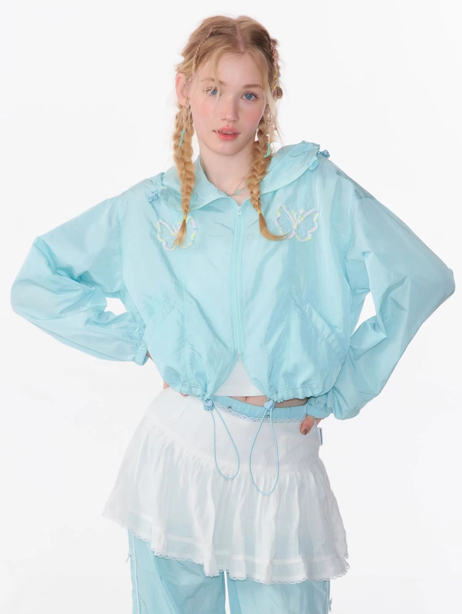 Butterfly Embroidery Long-sleeved Thin Hooded Short Jacket/Skirt/Pants ZIZ0084