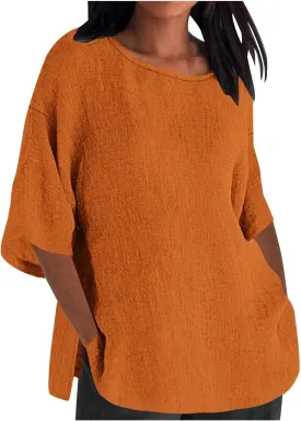 Ceboyel Women's Cotton Linen Tunic Shirts Dandelion Print Summer Tops 3/4 Sleeve Blouse Tshirts Bohemian Style Clothes 2023