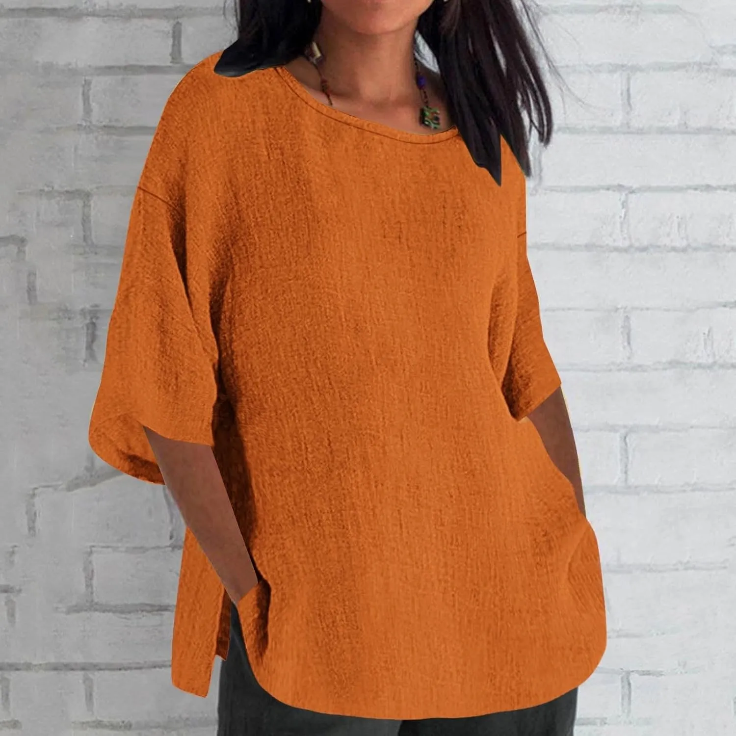 Ceboyel Women's Cotton Linen Tunic Shirts Dandelion Print Summer Tops 3/4 Sleeve Blouse Tshirts Bohemian Style Clothes 2023