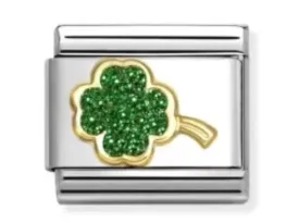 CLASSIC GLITTER,STEEL, ENAMEL, 18K GOLD GREEN FOUR-LEAF CLOVER