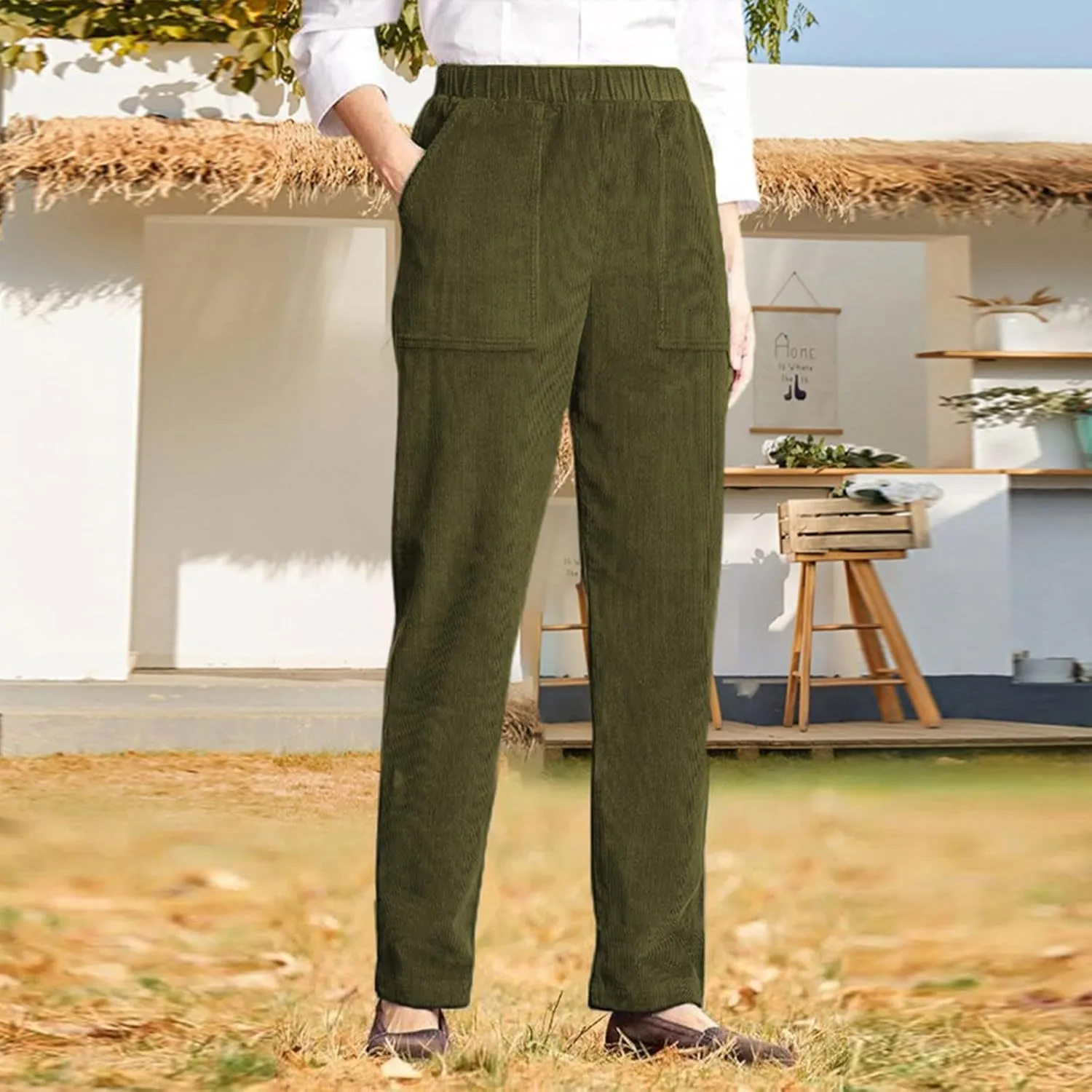 Corduroy Pants Women Elastic Waist Straight Leg Comfy Work Pants Business Casual Loose Trousers Pants with Pockets