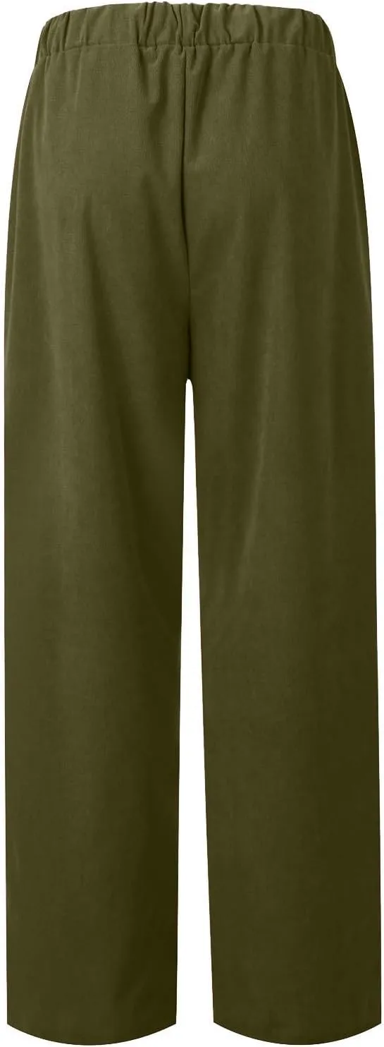 Corduroy Pants Women Elastic Waist Straight Leg Comfy Work Pants Business Casual Loose Trousers Pants with Pockets