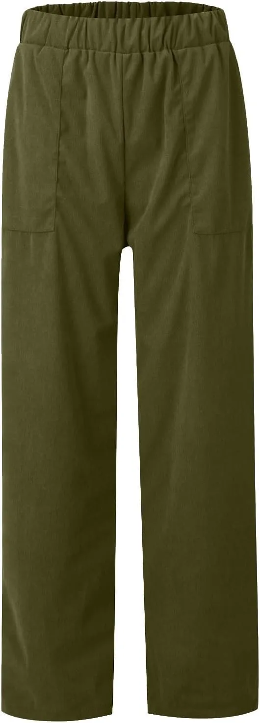 Corduroy Pants Women Elastic Waist Straight Leg Comfy Work Pants Business Casual Loose Trousers Pants with Pockets