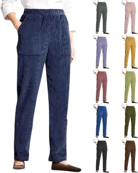 Corduroy Pants Women Elastic Waist Straight Leg Comfy Work Pants Business Casual Loose Trousers Pants with Pockets