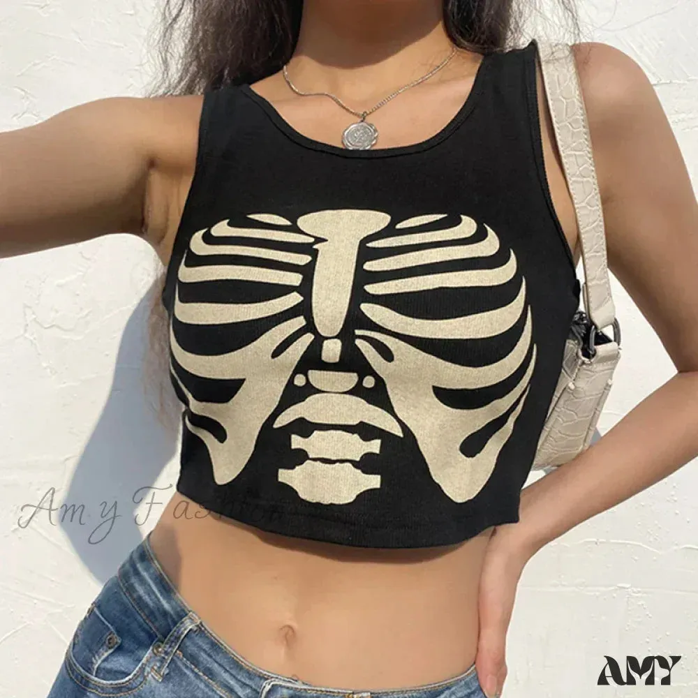 Crop Head Punk Black Sexy Grunge Top O-neck Sleeveless Summer Knitted Goat Print Goth