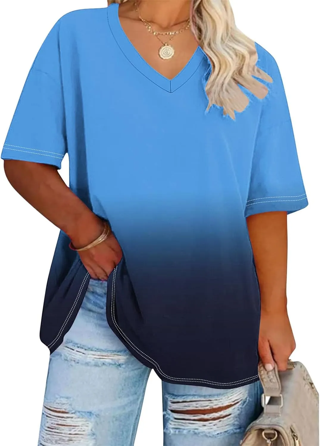 Custom T Shirts for Women, Womens Plus Size Tops Oversized V Neck Short Sleeve Summer Base Shirt Family T-Shirt