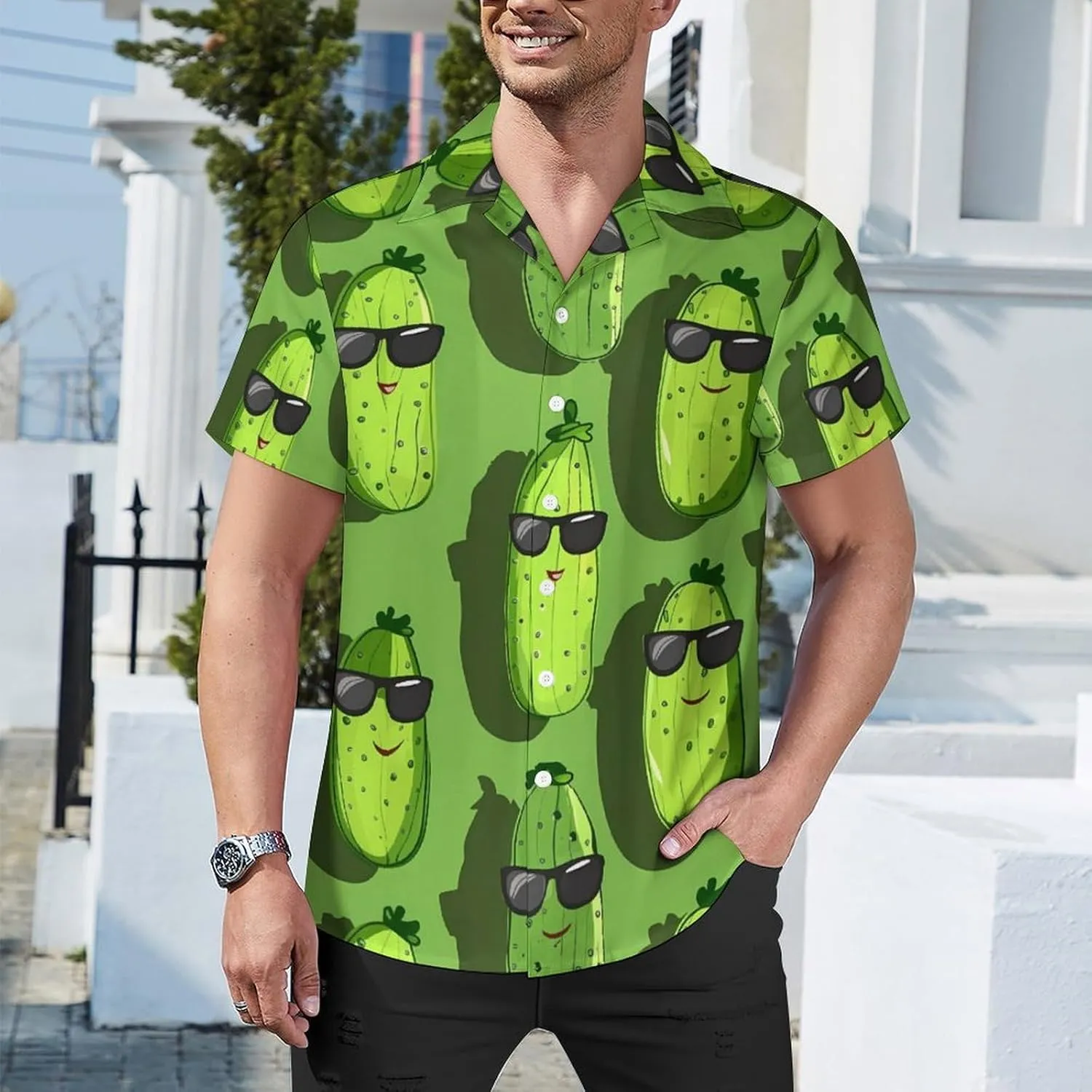Cute Pickle Printed Men's Hawaiian Shirt Cuban Collar Shirt Short Sleeve Button Down Tops Beach T Shirts