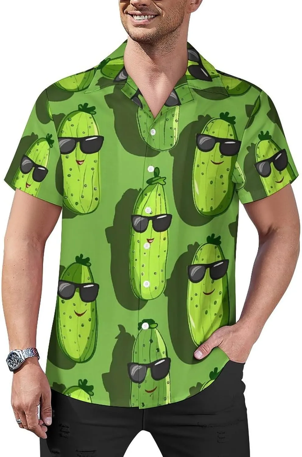 Cute Pickle Printed Men's Hawaiian Shirt Cuban Collar Shirt Short Sleeve Button Down Tops Beach T Shirts