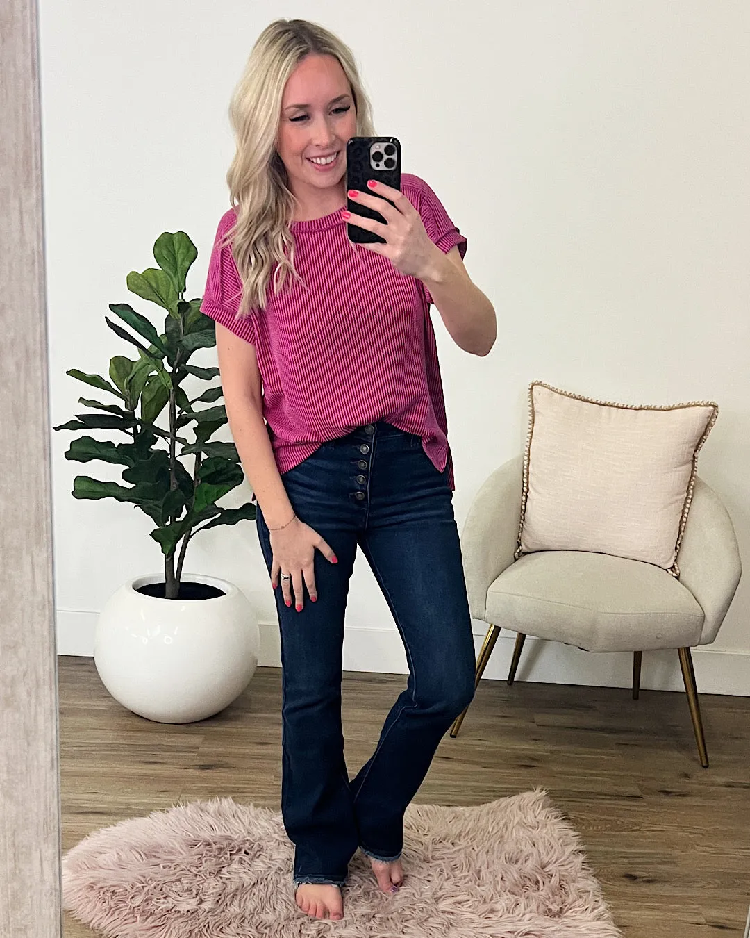 Daydream Corded Drop Shoulder Top - Fuchsia