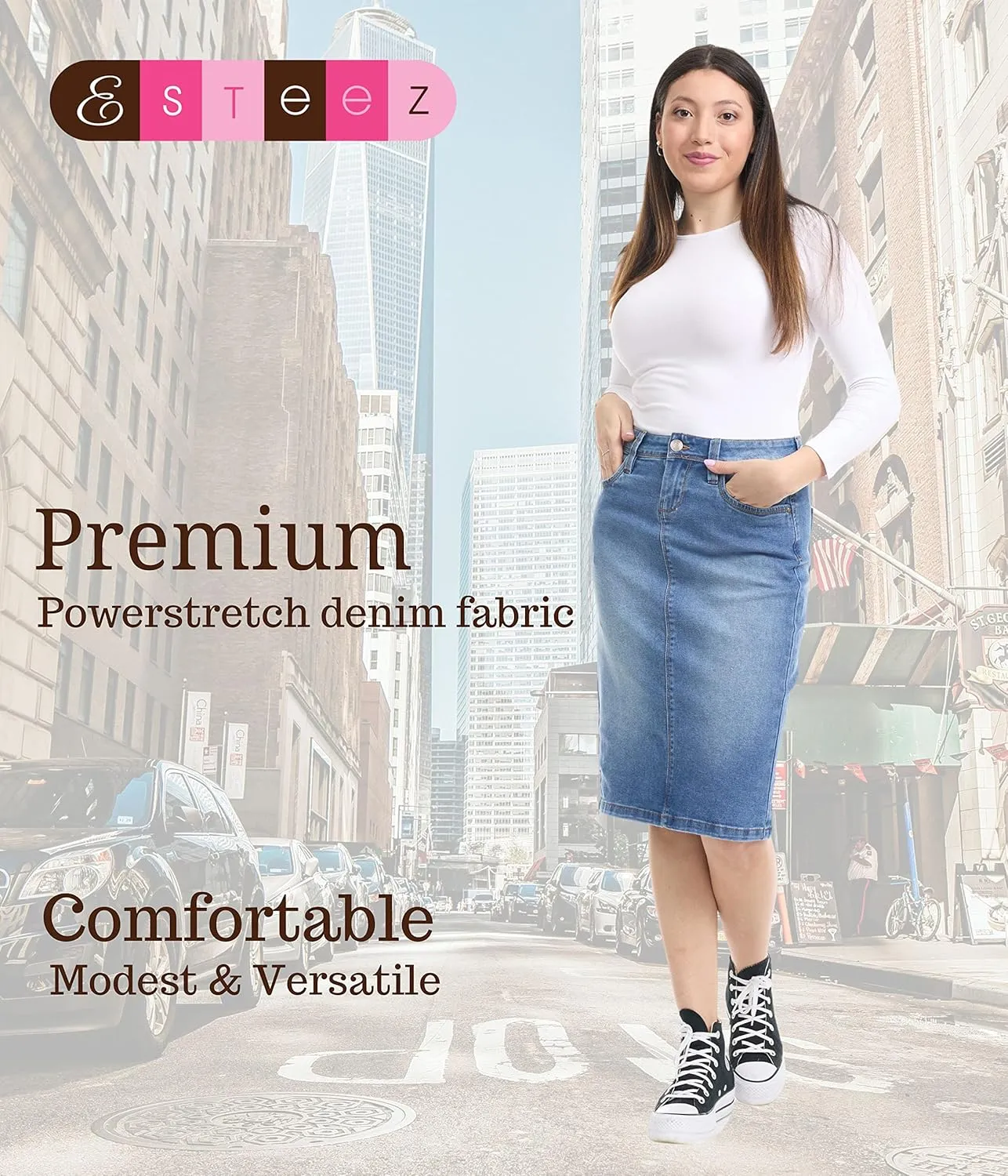 ESTEEZ Repreve Denim Knee-Length Jean Skirt for Women with Pockets - Melrose