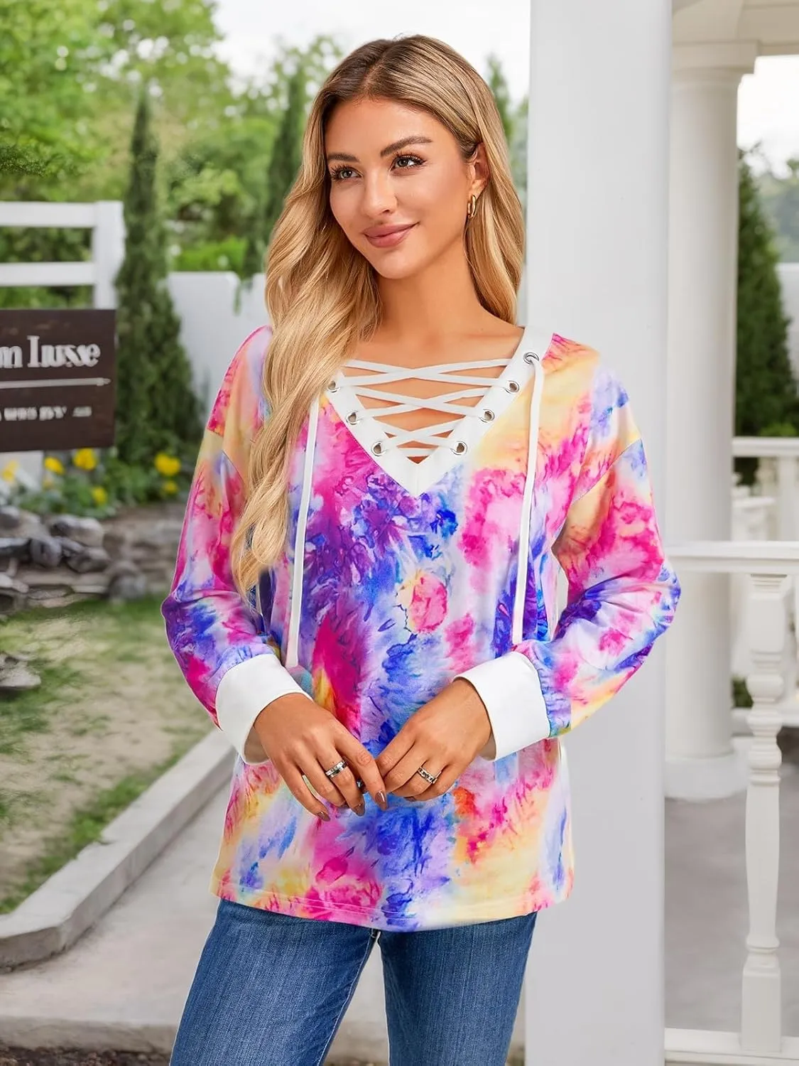 FAIRY SEASON Women's Long Sleeve Shirts V Neck Lace Up Casual Lightweight Loose Fit Tunic Tops 2025