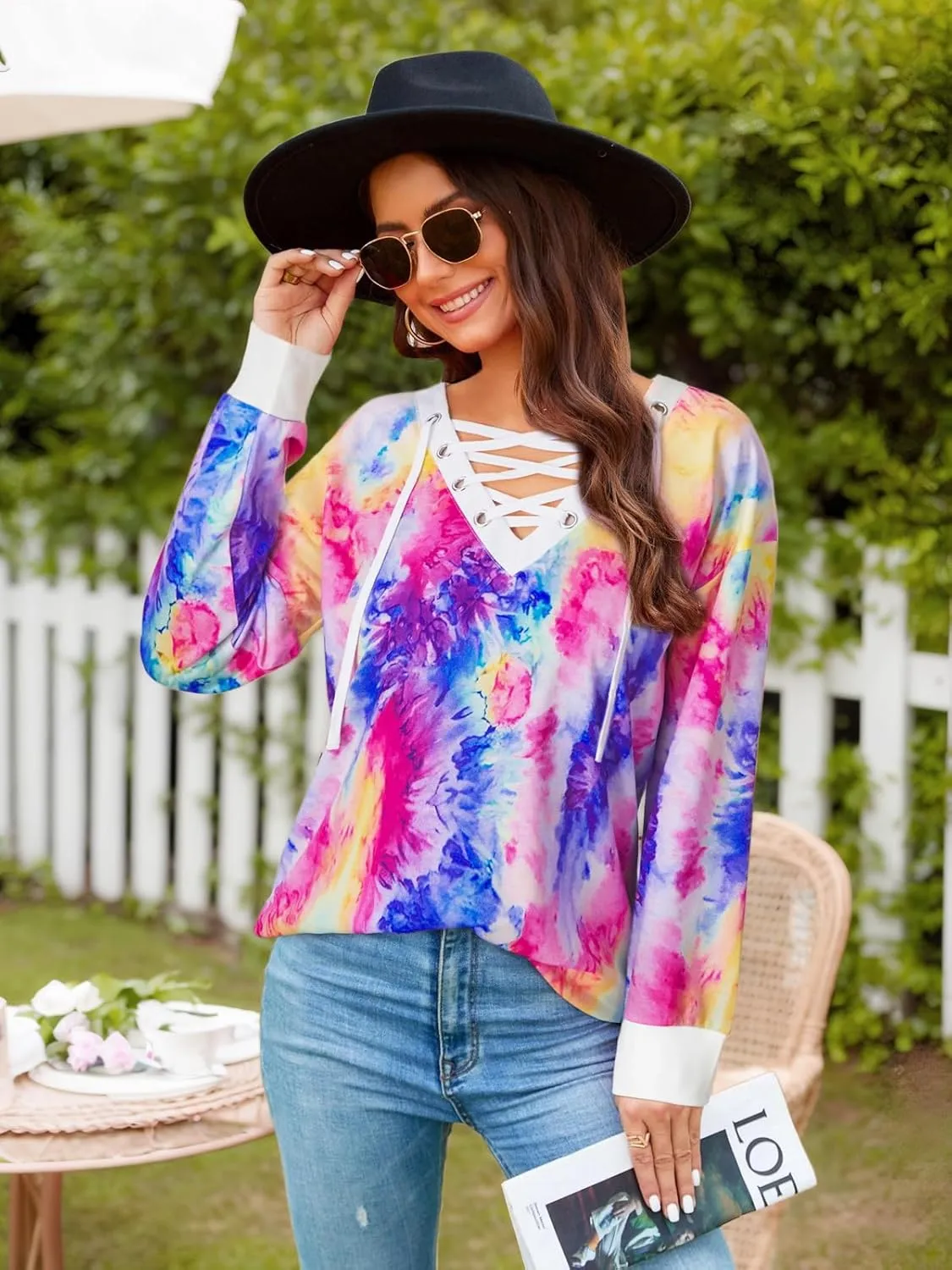 FAIRY SEASON Women's Long Sleeve Shirts V Neck Lace Up Casual Lightweight Loose Fit Tunic Tops 2025