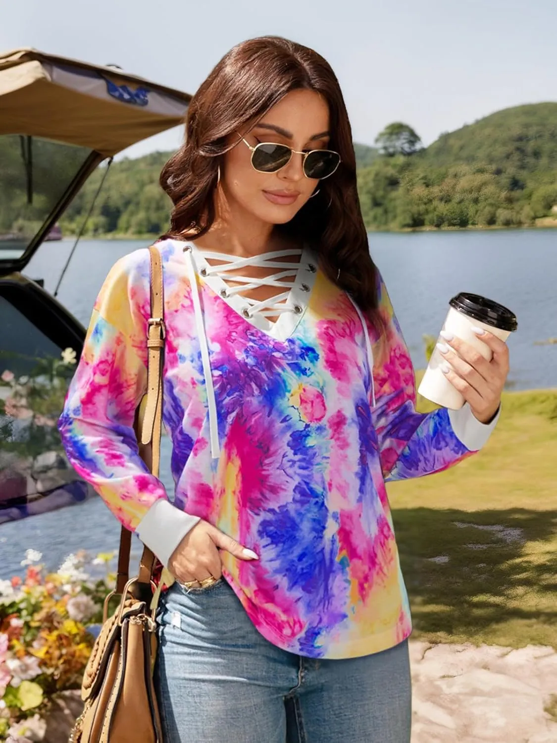 FAIRY SEASON Women's Long Sleeve Shirts V Neck Lace Up Casual Lightweight Loose Fit Tunic Tops 2025