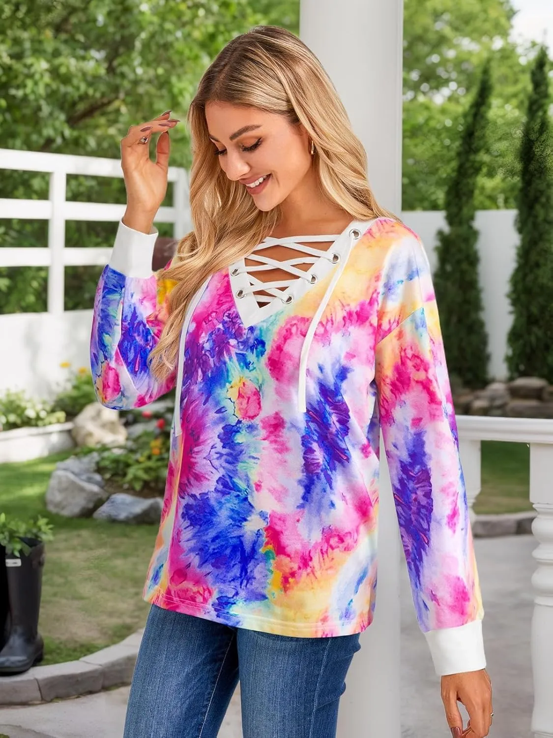 FAIRY SEASON Women's Long Sleeve Shirts V Neck Lace Up Casual Lightweight Loose Fit Tunic Tops 2025