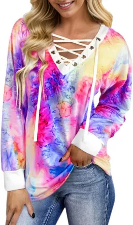 FAIRY SEASON Women's Long Sleeve Shirts V Neck Lace Up Casual Lightweight Loose Fit Tunic Tops 2025