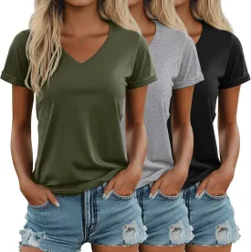 Ficerd 3 Pack Women's V Neck T Shirts, Cotton Summer Casual Short Sleeve Tops Loose Fit Rolled Sleeve Tees 2025 Trendy Shirts