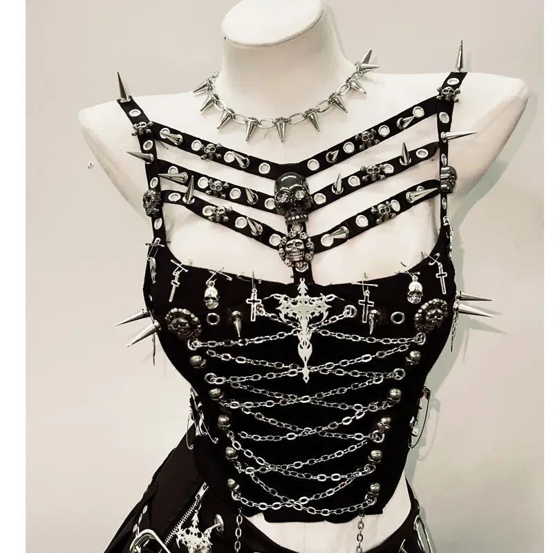 Flytonn-Gothic Tank Tops Punk Tank Tops  y2k fashion bustier top gothic clothes vintage tops Rivets Tank Tops Skull top y2k clothes