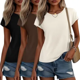 Huukeay 3 Pack Women's Cap Sleeve Tops Basic Cotton Tee Shirts Summer Casual Crew Neck Trendy Clothes 2025 Fashion