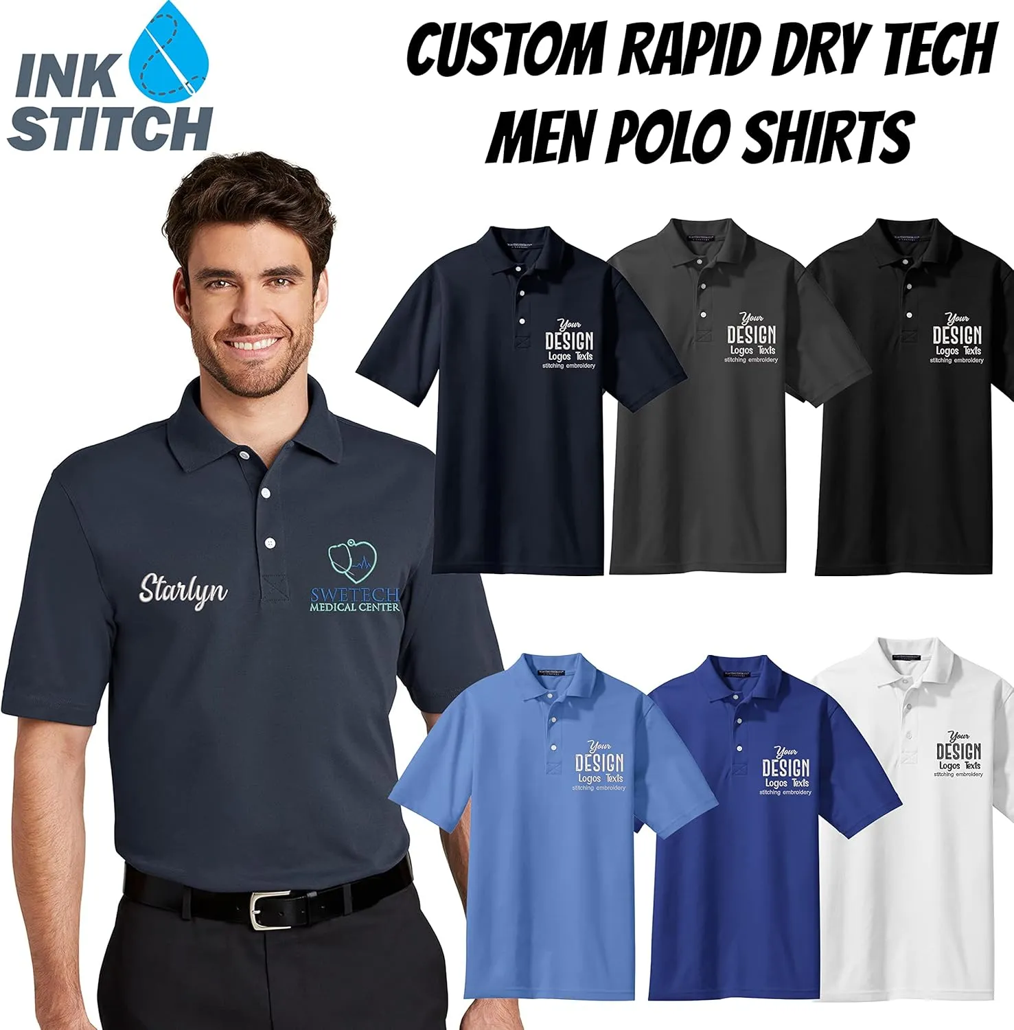 INK STITCH Men K455 Custom Design Your Own Embroidery Logo Texts Rapid Dry Polo Shirts