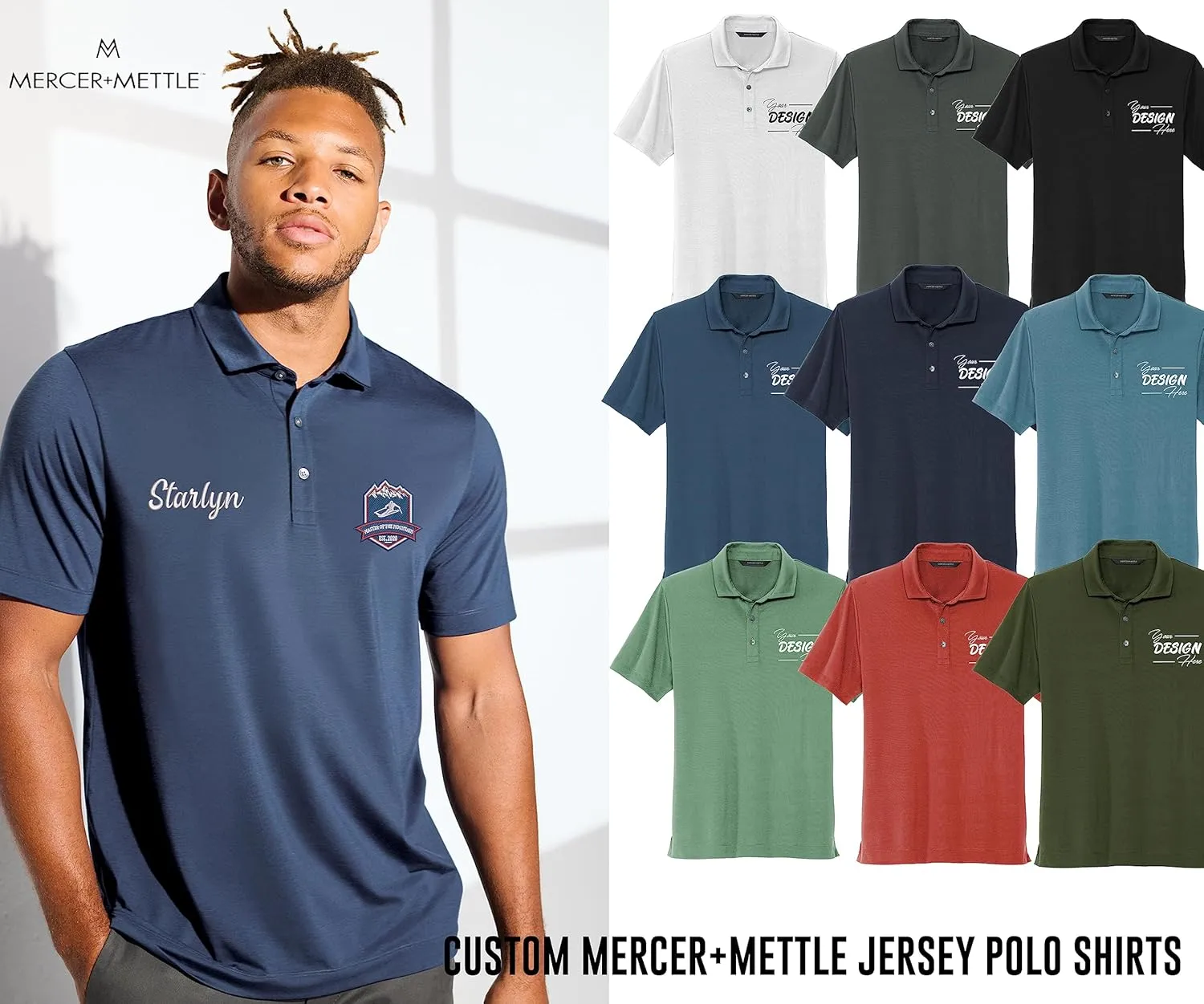 INK STITCH Men Mercer Mettle Custom Embroidery Personalized Add Logo Texts Stretch Polo Shirts