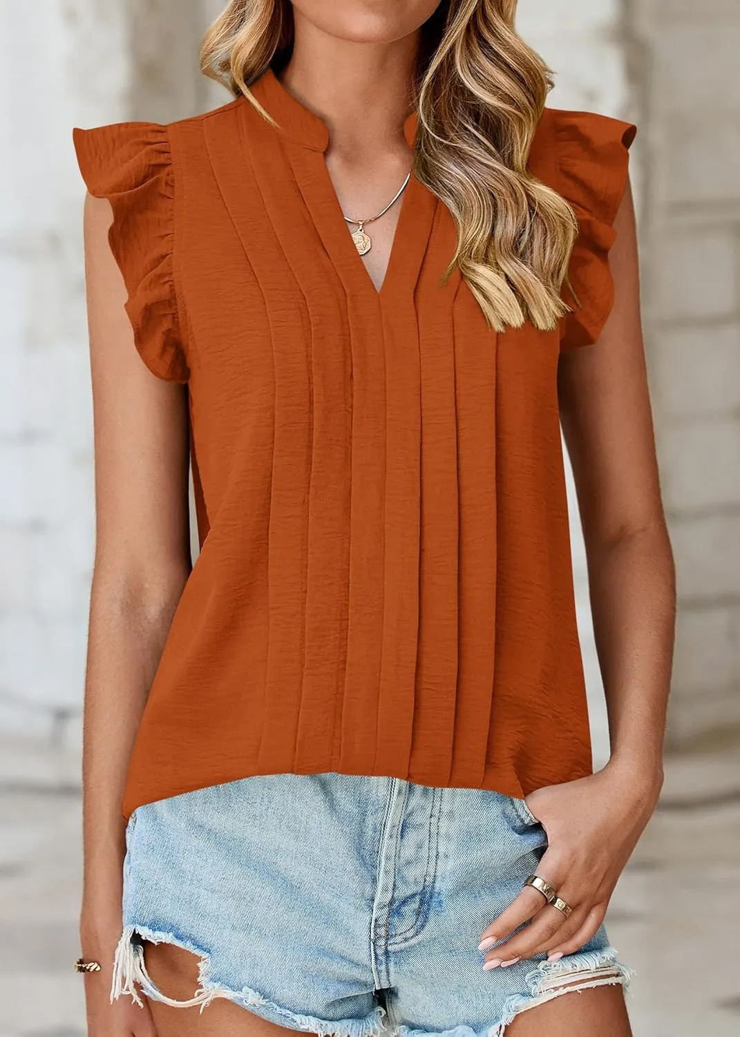 KIRUNDO Spring Tops for Women Lightweight Blouses Dressy Casual Ruffle Sleeve V Neck Pleated Business Casual Summer Shirts