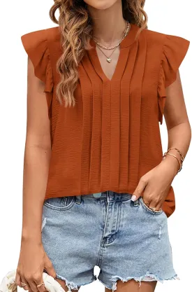 KIRUNDO Spring Tops for Women Lightweight Blouses Dressy Casual Ruffle Sleeve V Neck Pleated Business Casual Summer Shirts