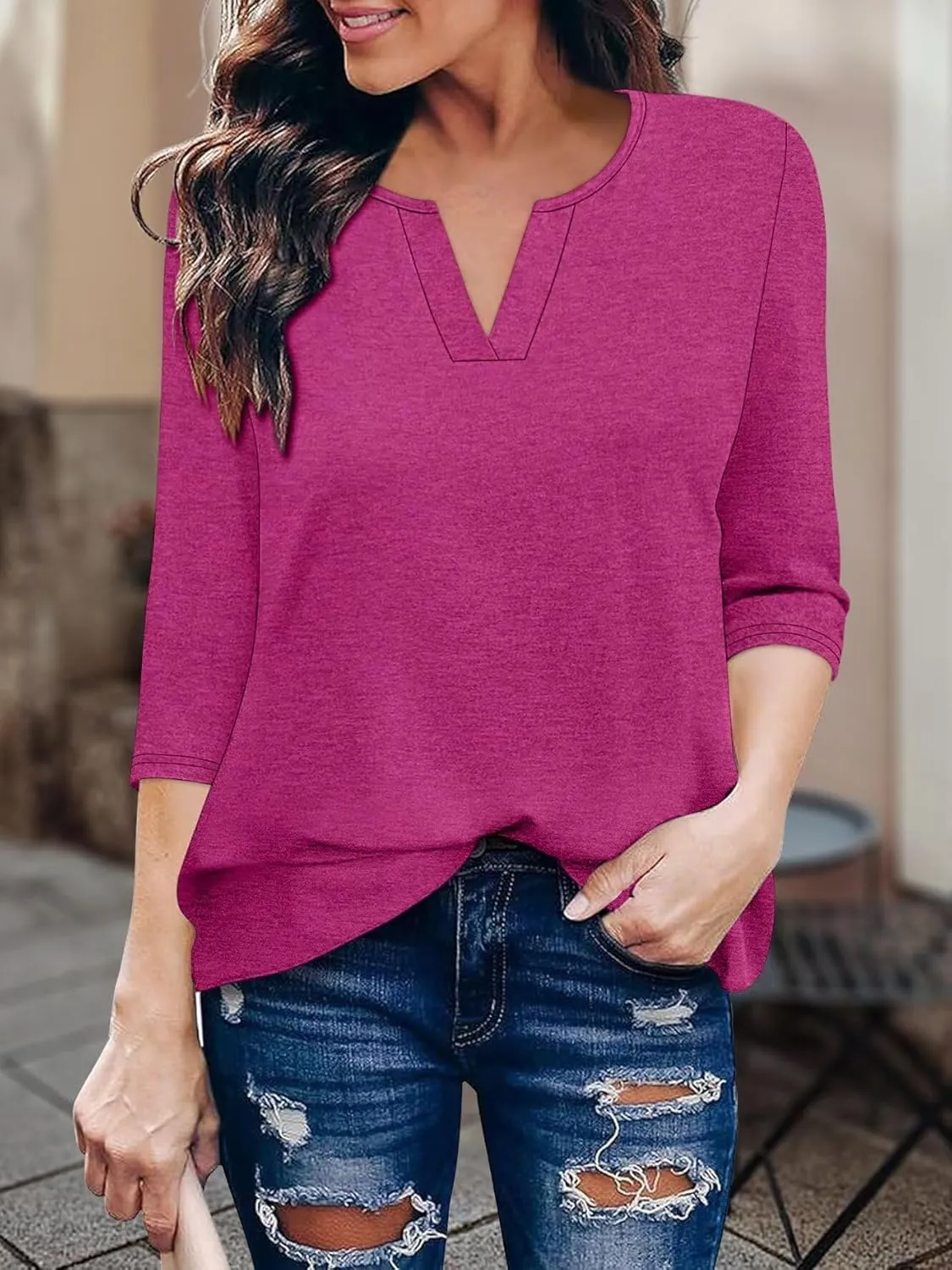 KISSMODA 3/4 Length Sleeve Shirts for Women Floral Business Shirts Tops Blouses Tops Loose Fit T-Shirts