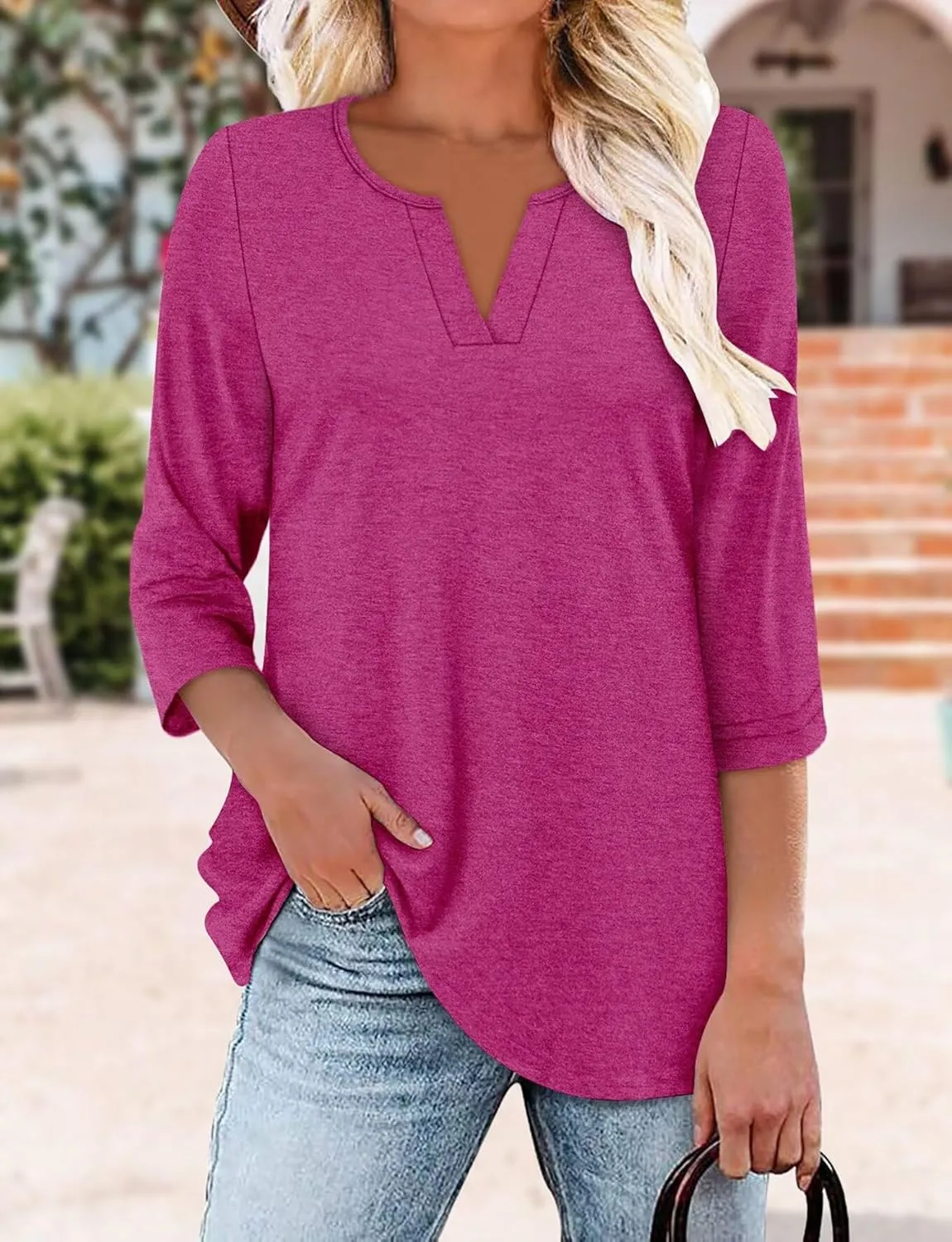 KISSMODA 3/4 Length Sleeve Shirts for Women Floral Business Shirts Tops Blouses Tops Loose Fit T-Shirts