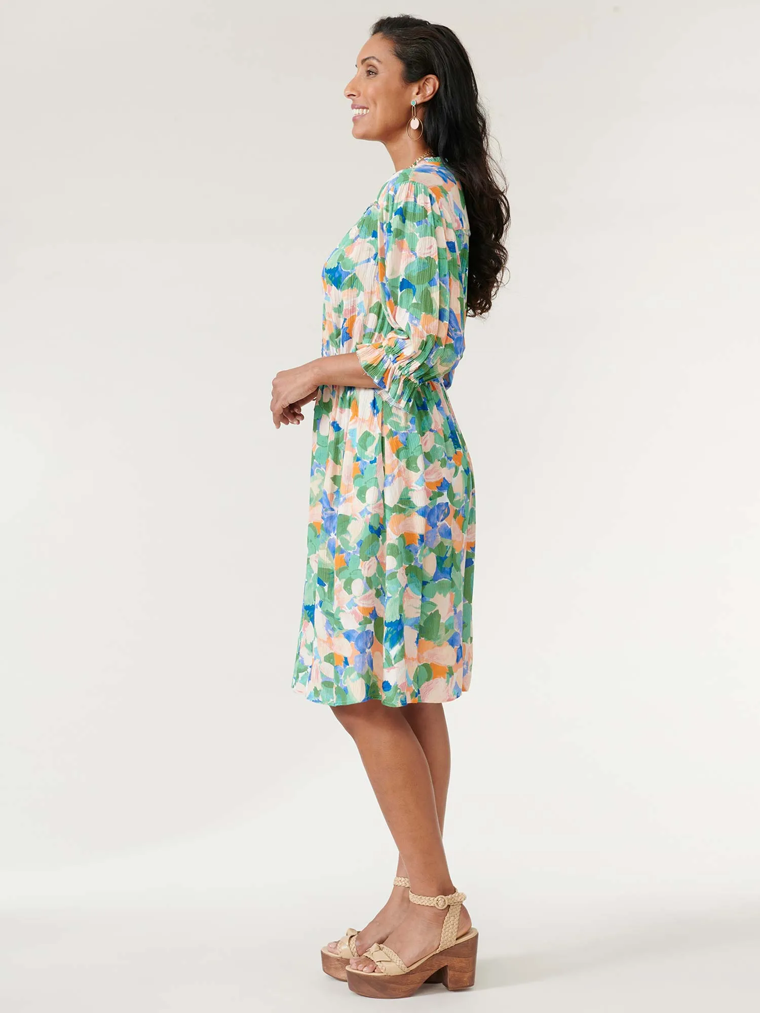 Lantern Sleeve Button Up Watercolor Floral Petite Dress