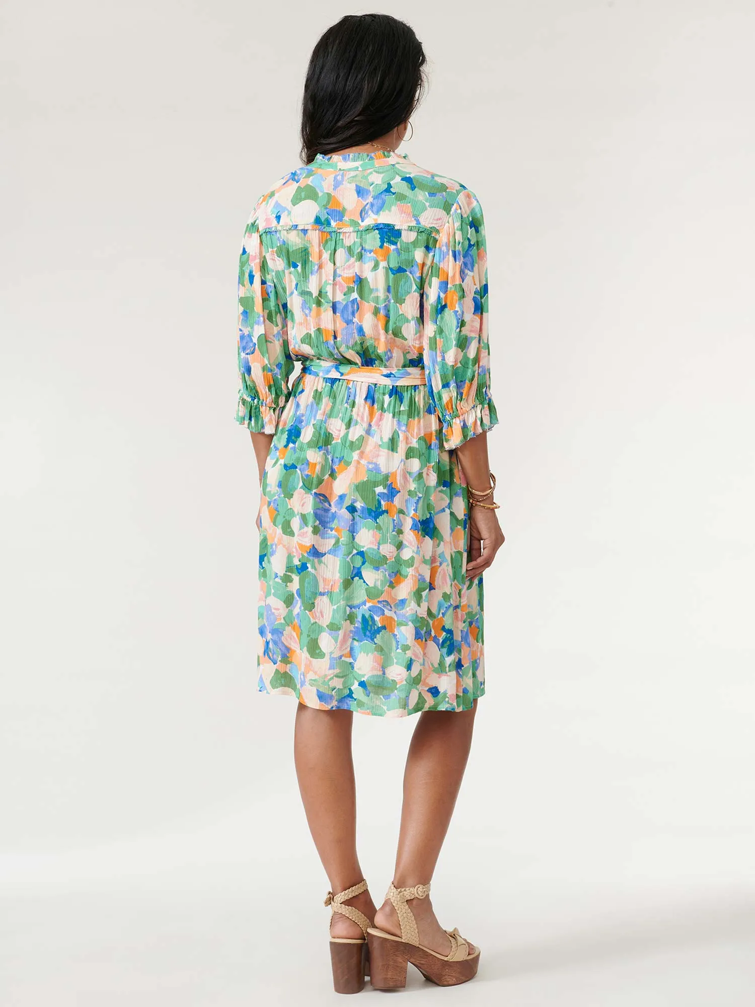 Lantern Sleeve Button Up Watercolor Floral Petite Dress