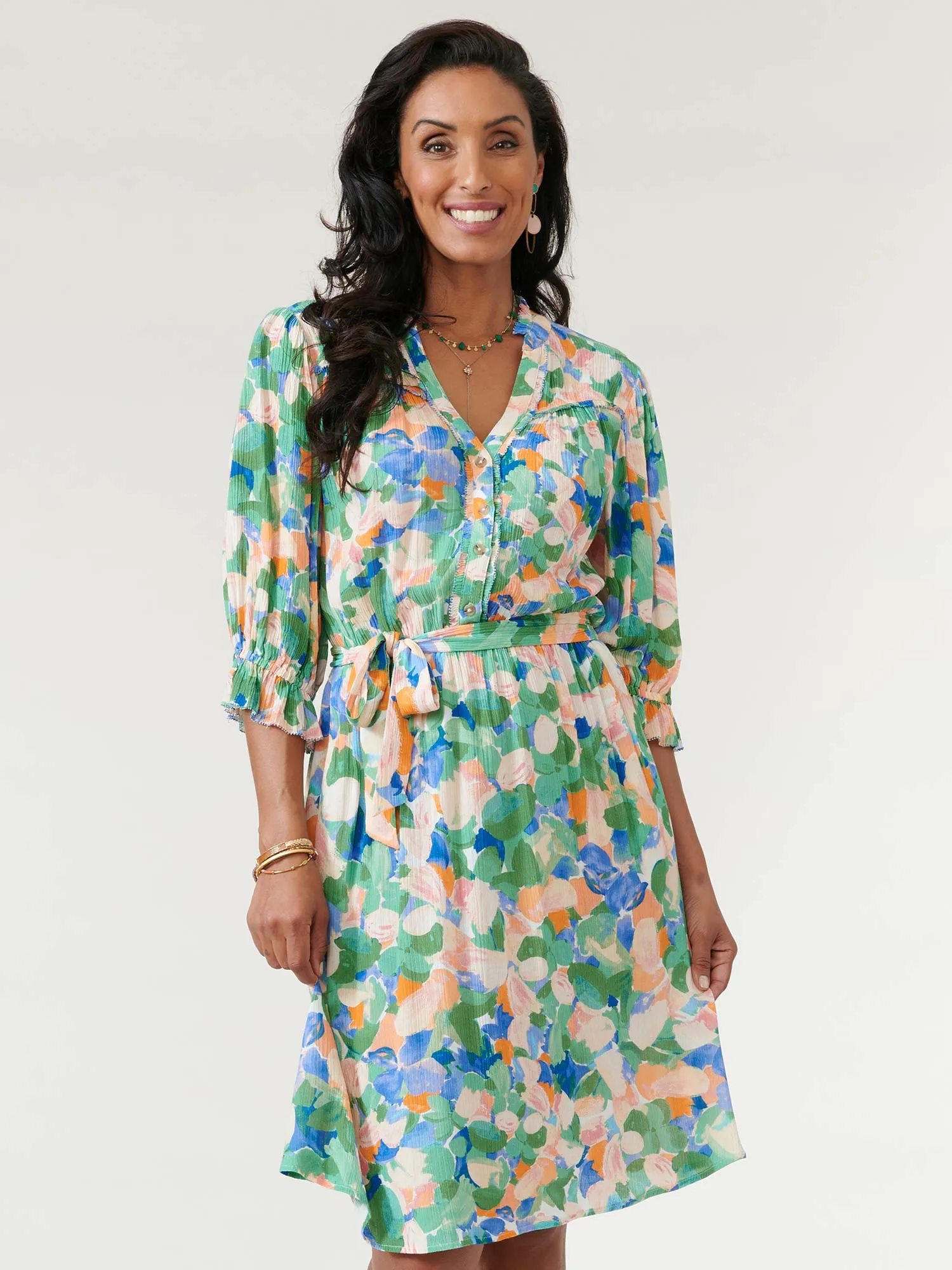 Lantern Sleeve Button Up Watercolor Floral Petite Dress