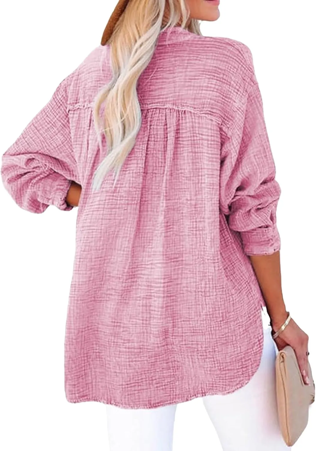 Linen Shirts for Women Casual Button V Neck Long Sleeve Shirts Oversized Dressy Solid Blouses Tops Trendy Summer