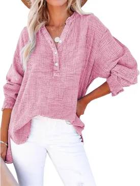 Linen Shirts for Women Casual Button V Neck Long Sleeve Shirts Oversized Dressy Solid Blouses Tops Trendy Summer