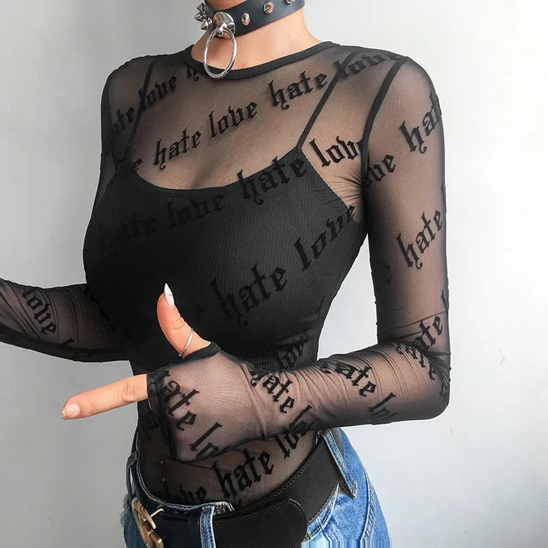 'Loves Me Not' Black Grunge Long Sleeve Mesh Top