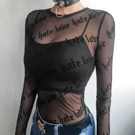 'Loves Me Not' Black Grunge Long Sleeve Mesh Top