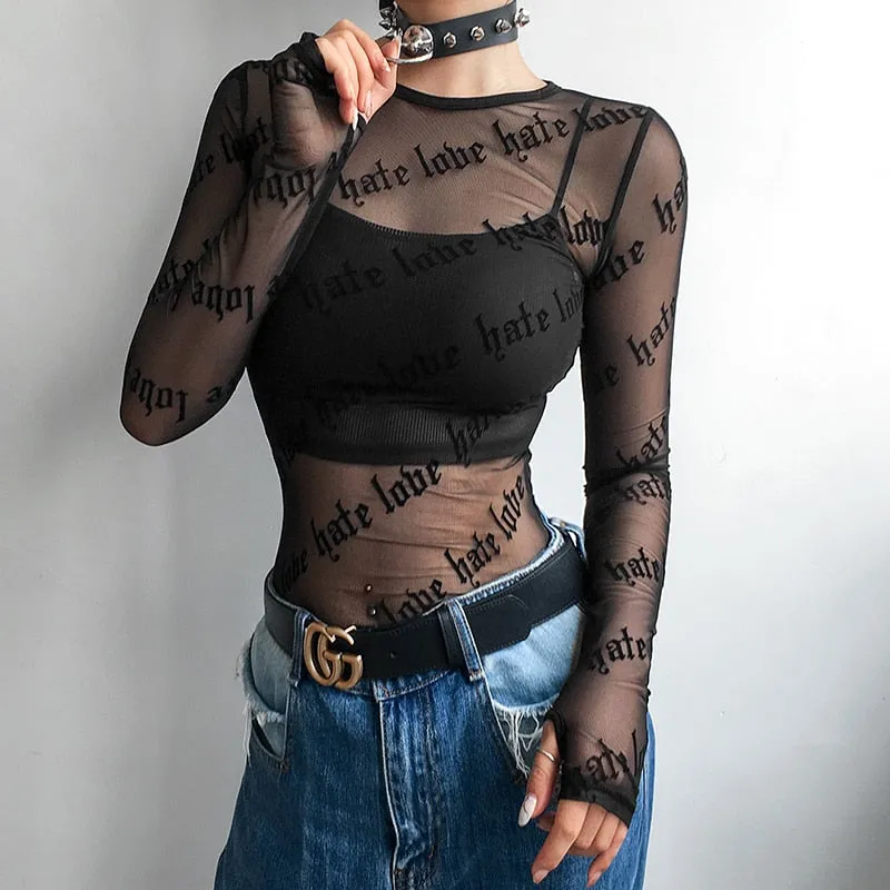 'Loves Me Not' Black Grunge Long Sleeve Mesh Top