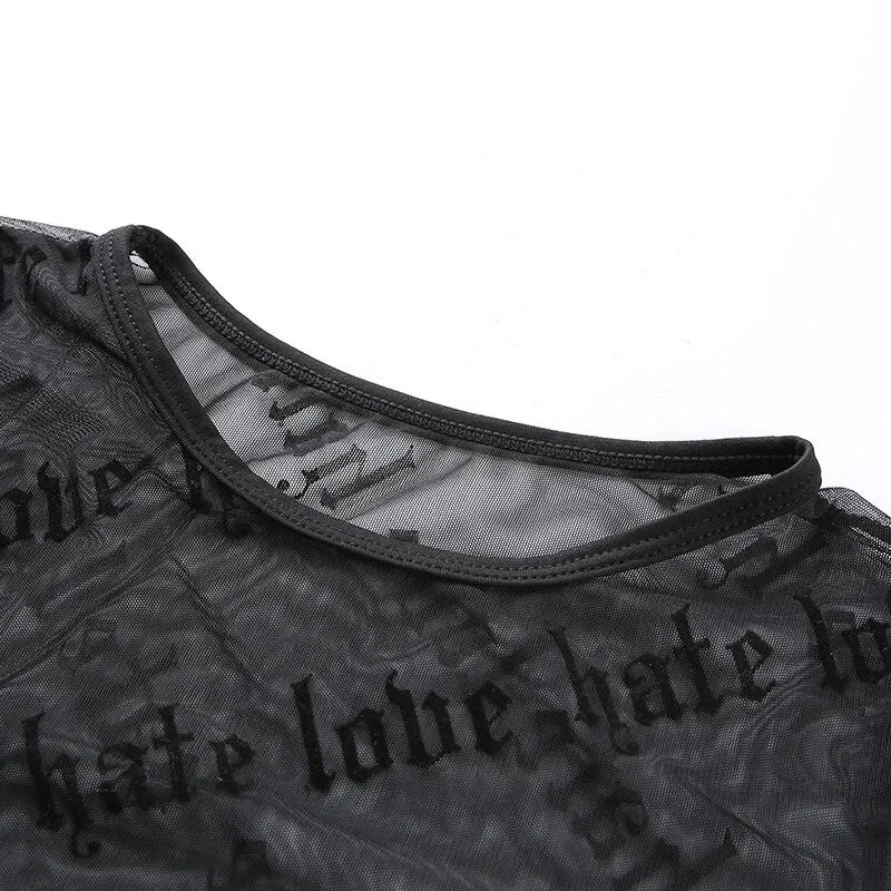 'Loves Me Not' Black Grunge Long Sleeve Mesh Top