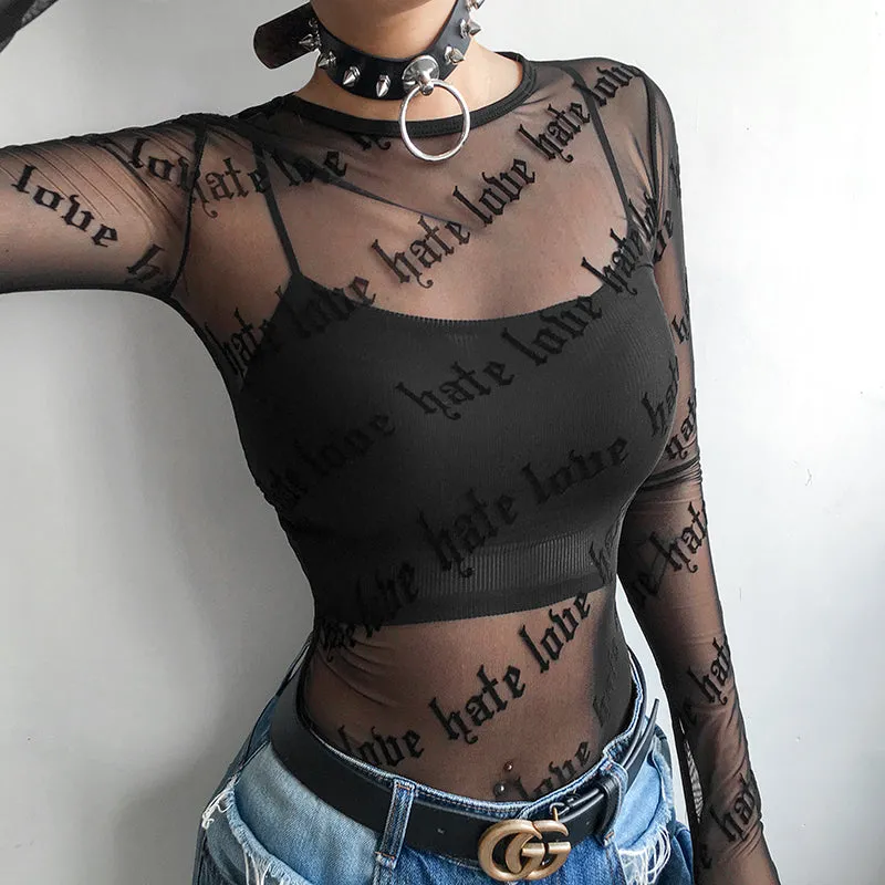 'Loves Me Not' Black Grunge Long Sleeve Mesh Top